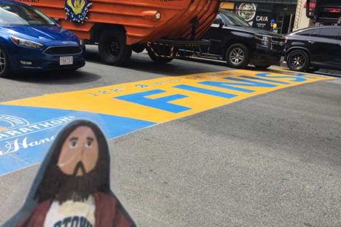 Flat Jesus Crosses the Boston Marathon Finish Line